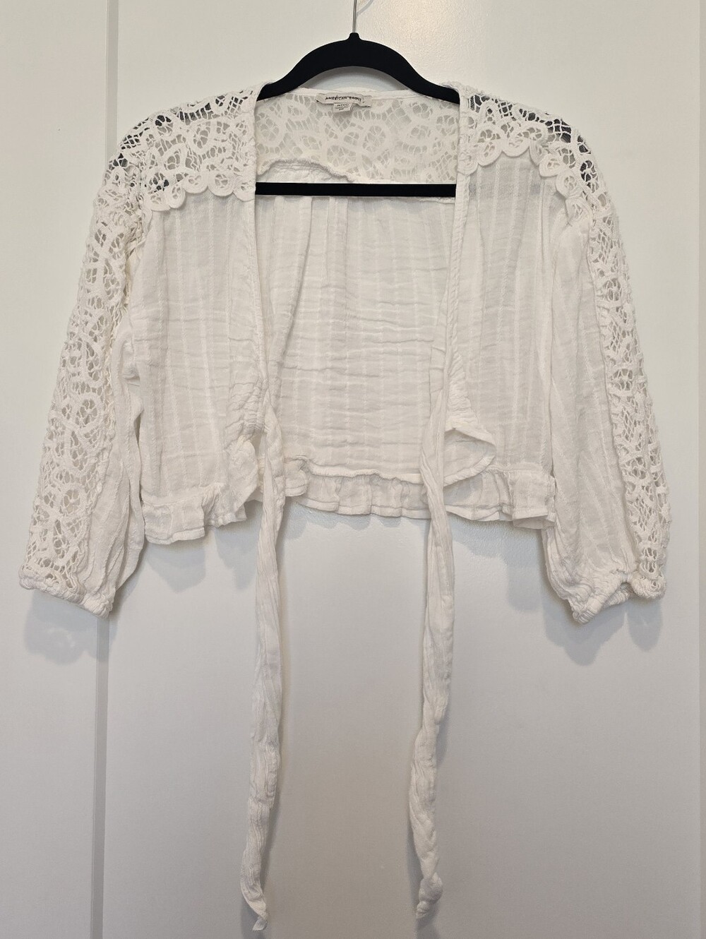 American Eagle Outfitters Crochet White Lace Trim Tie-Front Cropped Top